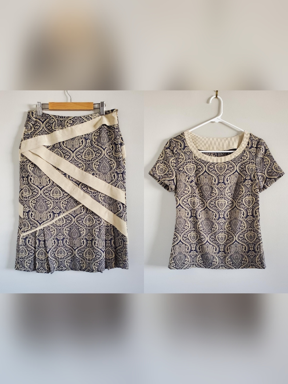 Printed Navy and Cream Patterned Pencil Skirt & Top Set Sz S Event Career